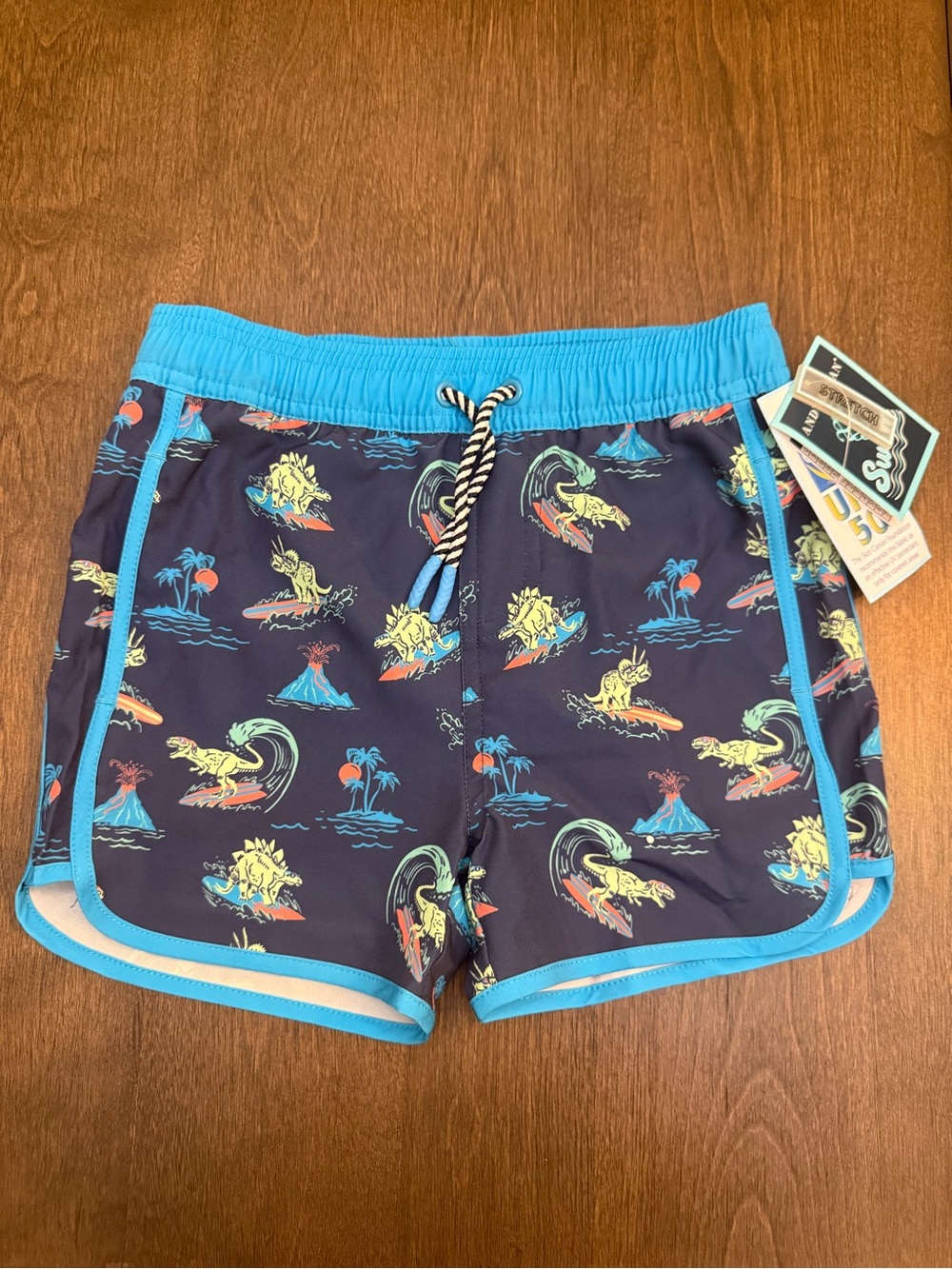 Andy & Evan Navy Swim Shorts with Aqua Trim and Multicolor Surf Print